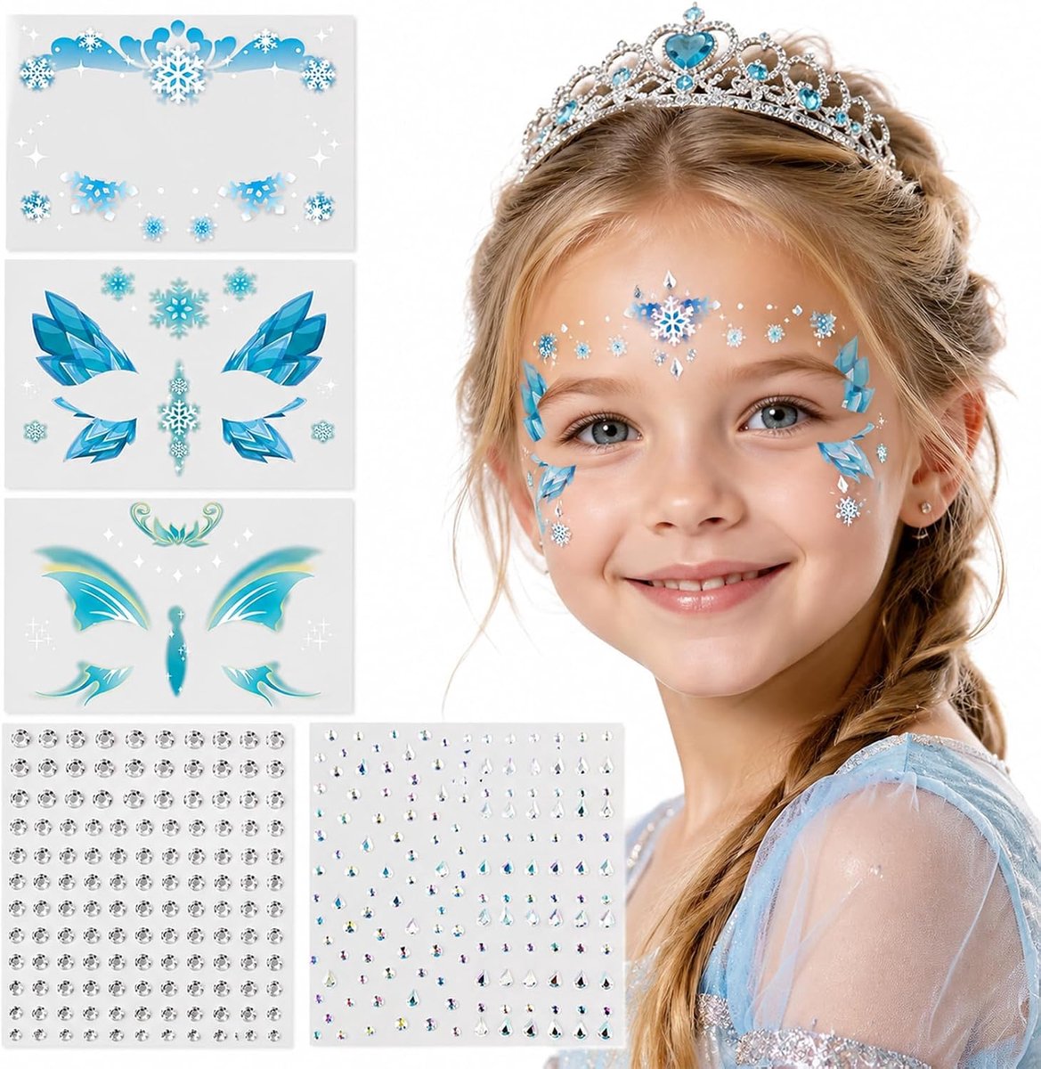 Gezichtstattoo met glitterstenen, tijdelijke tatoeages voor kinderen en volwassenen, Frozen prinses, carnaval, make-up, blauwe sneeuwvlokkenstickers