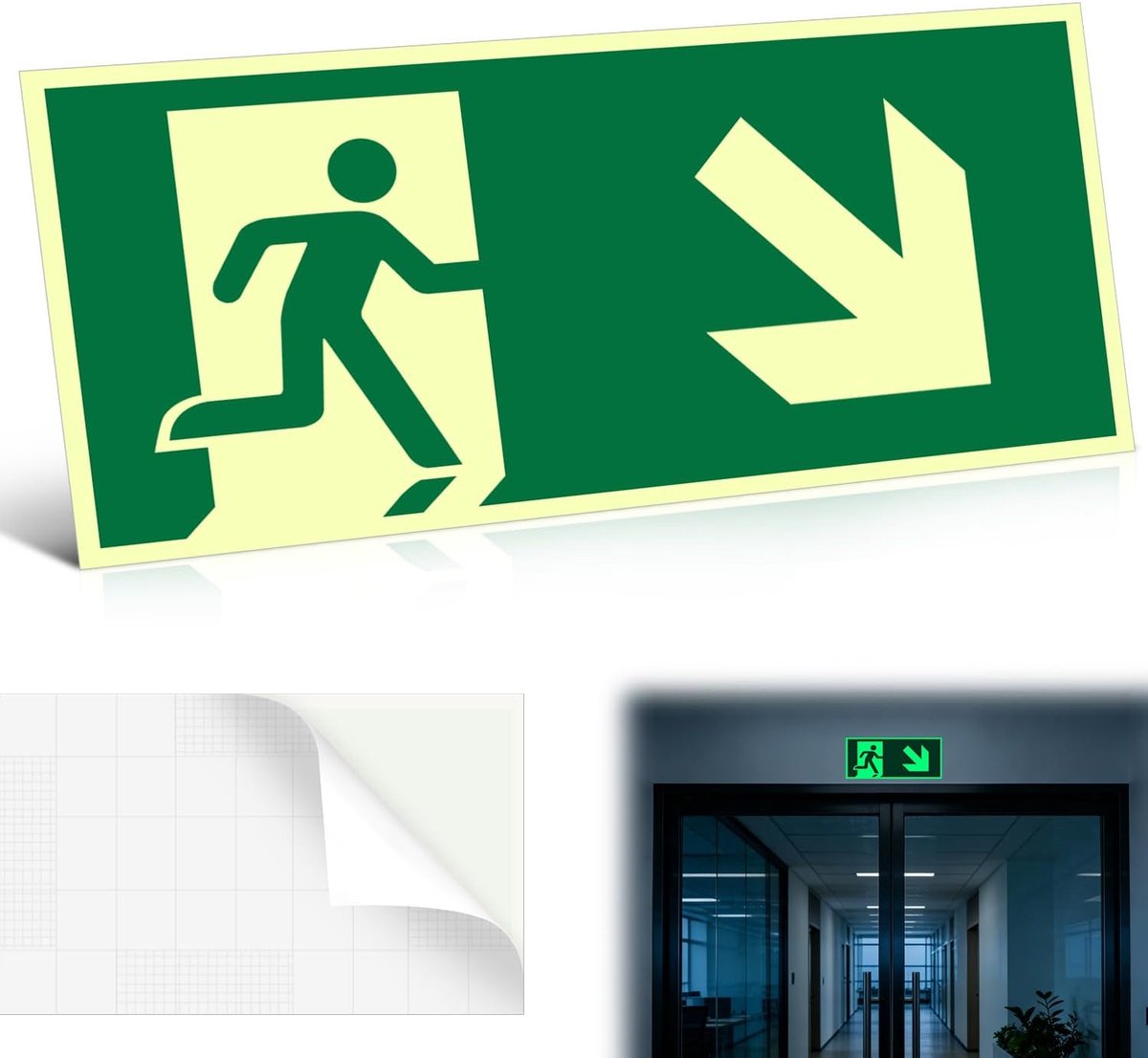oplichtend, vluchtwegborden, nooduitgang, reddingsweg, bord met pijlen links, rechts, onderaan, voor gebouwen, kantoren, hotel, school, magazijn (F-onder)