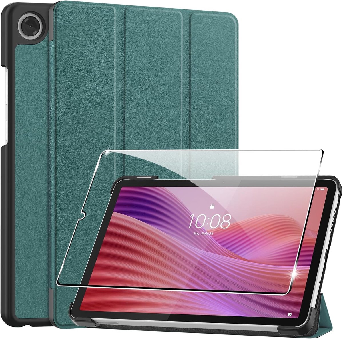 Beschermhoes voor Lenovo Tab One 8,7 inch 2025 beschermhoes PU leer flip case cover + [1 stuk] gehard glas displaybescherming [automatische slaap/wek] [standfunctie] groen