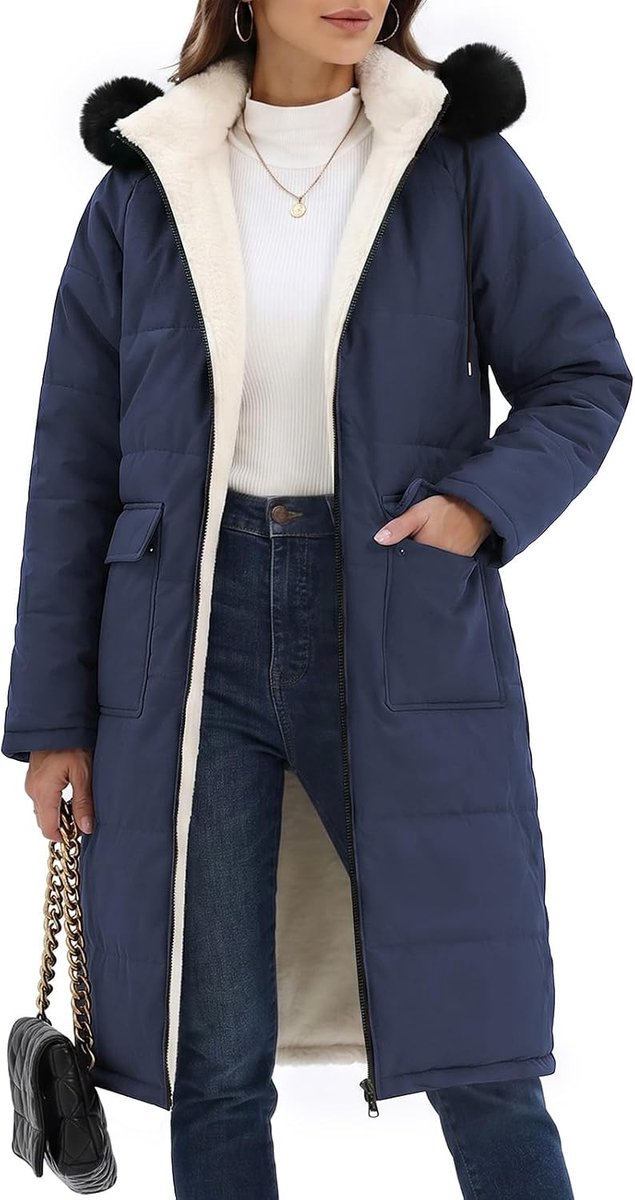 heekpek Winterjas voor dames, lange winterjas, fleece gevoerd, warme jas, waterafstotend, herfst, winter, parka, winterjassen, outdoor, donsjas, winddichte parka met afneembare capuchon