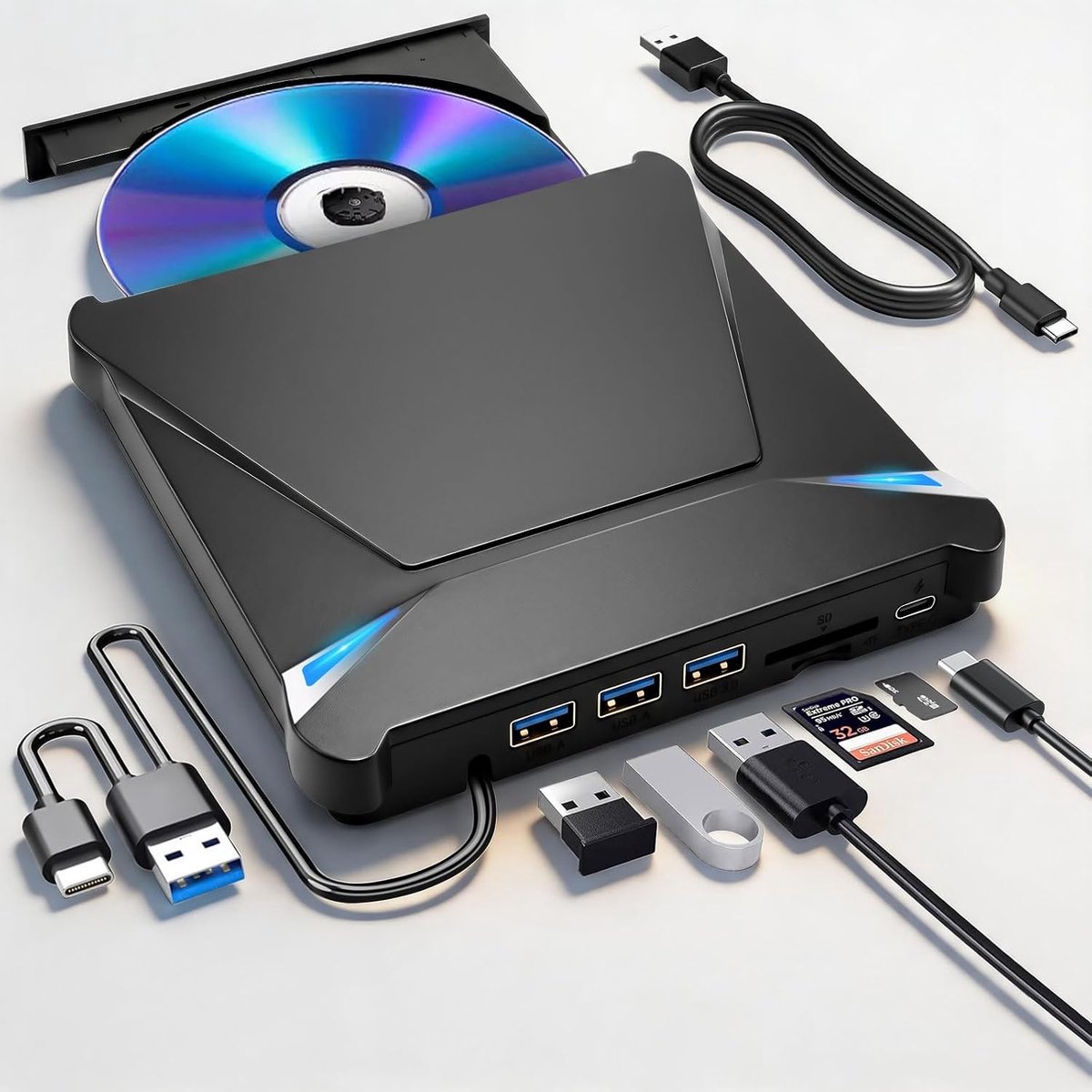 CD DVD Drive - USB 3.0 USB-C, Externe CD/DVD +/-RW Branders en Speler met SD/TF Kaartlezer en USB-Poorten, CD Drive extern USB voor Laptop, Desktop, Windows, Mac OS, Vista