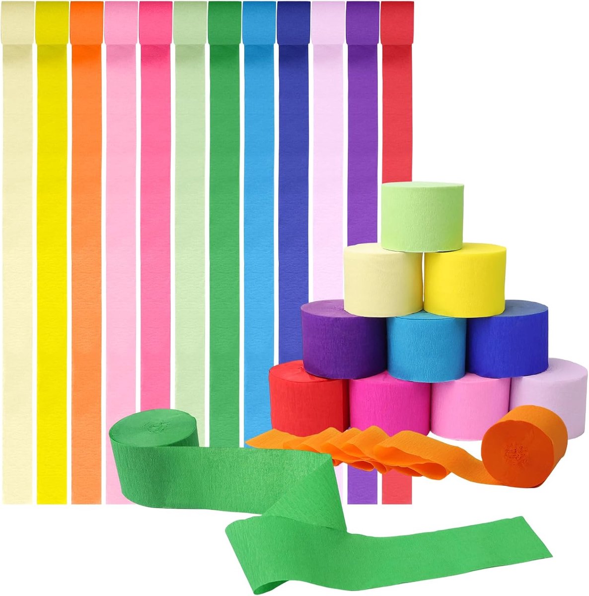 Crêpepapierrollen, 12 verschillende kleuren papieren streamers, 4,5 cm x 25 m per rol, vervagingsbestendige rekbare crêpepapier streamers voor verjaardag, bruiloft, feest, doe-het-zelf ambachtelijke