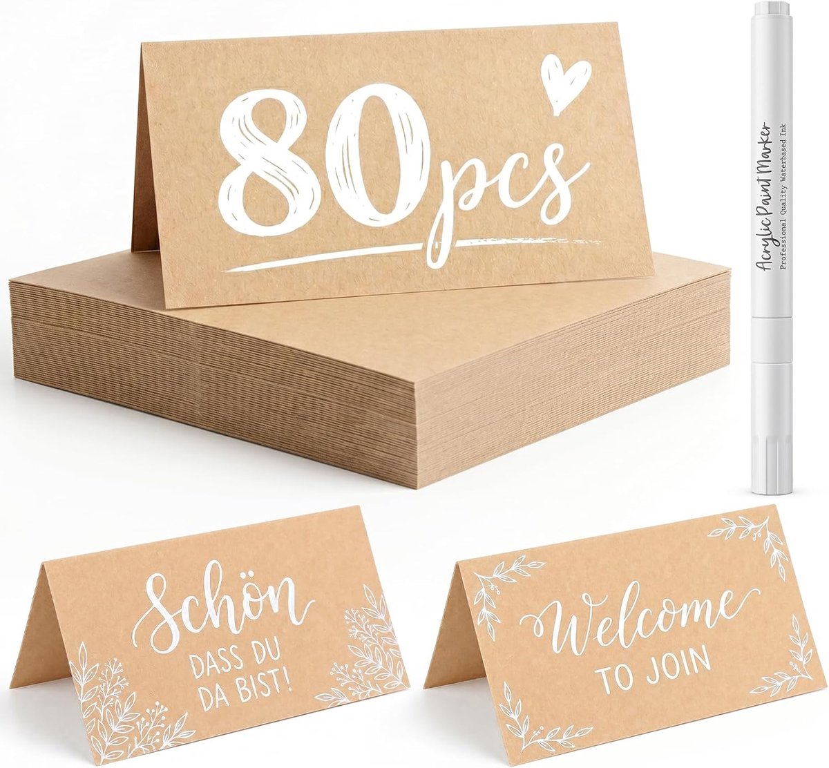 80 stuks tafelkaarten van kraftpapier, 9 x 10 cm, met markeerstiften, blanco, onbedrukt, naambordjes voor bruiloft, verjaardag, communie, doop