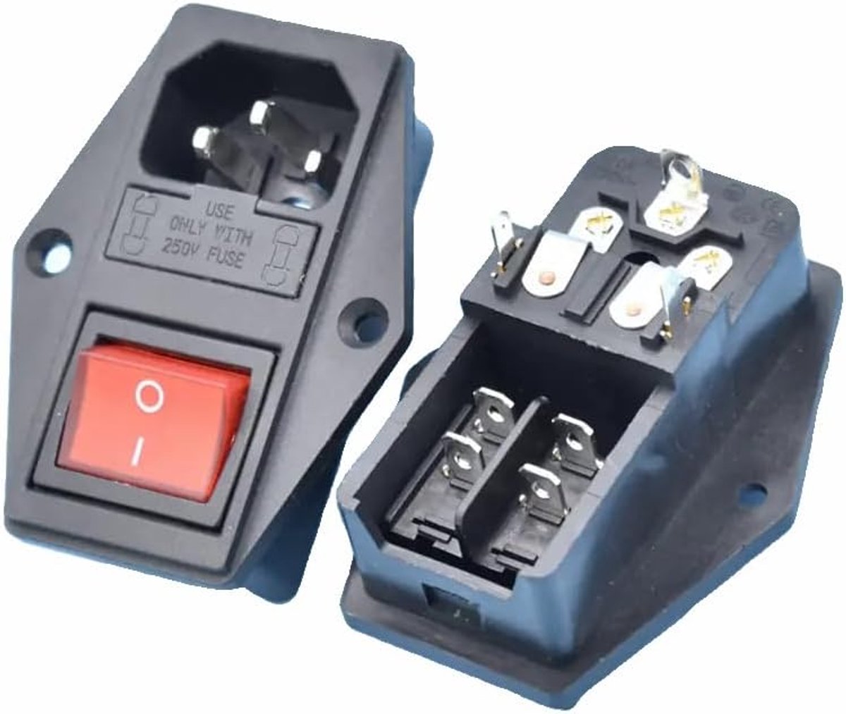 Inbouwbus C14, met rode schakelaar en twee zekeringen, 3-pins 220-250V/10A audio koudapparaat socket inbouw koppeling stekker bus, 3-in-1 inlaatmodulestekker met schakelaar, verlicht