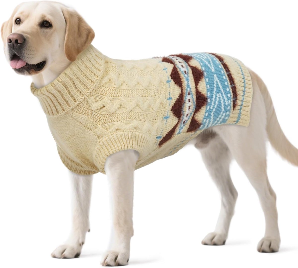 Hondentrui grote honden - Fair Isle pullover hond met harnasopening, kersttrui, elastische hondentrui, wintertrui voor labrador, golden retriever, beige, 3XL