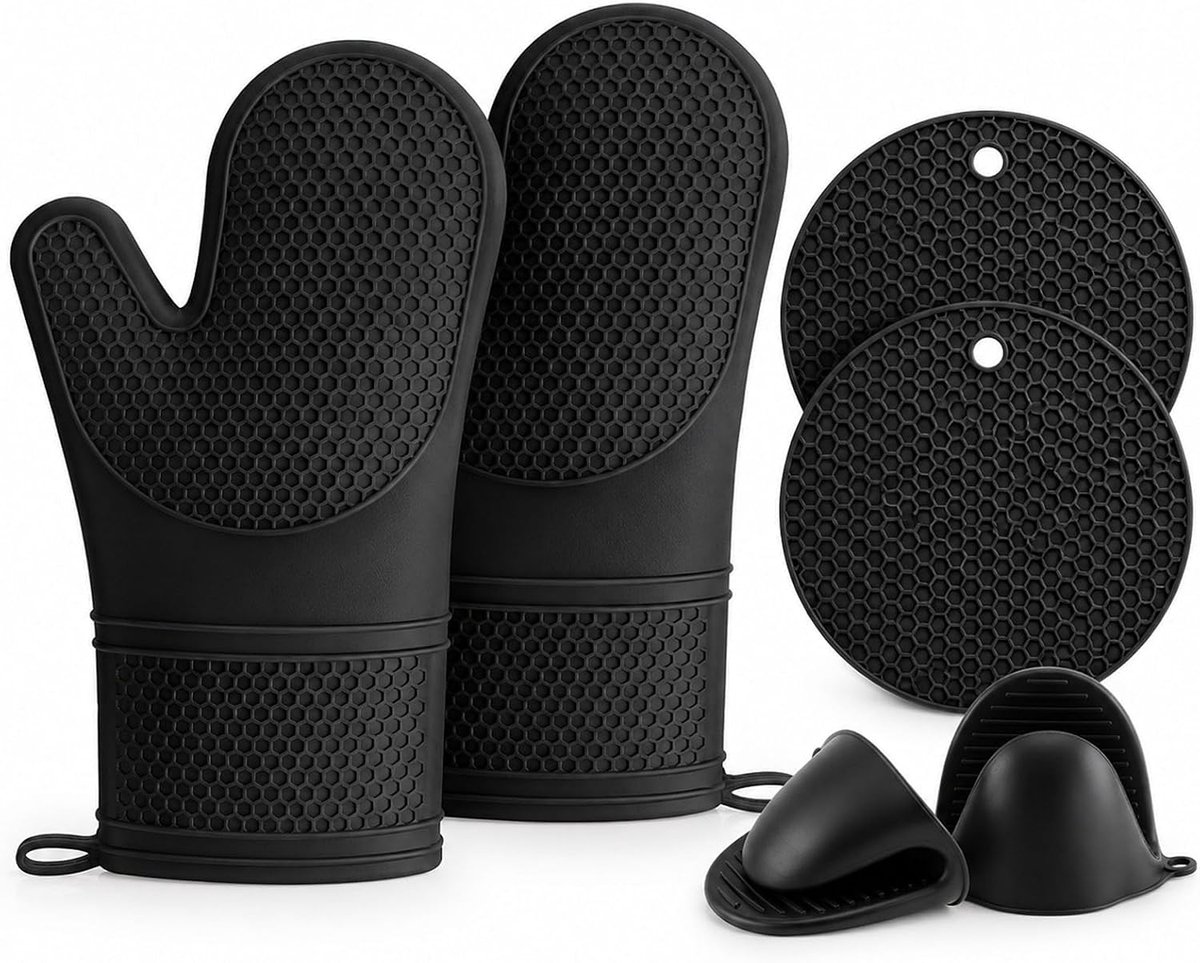 Ovenwanten set, antislip pannenhandschoenen, hittebestendige 230 °C bakhandschoenen met pannenlappen, ovenhandschoenen voor dessertbereiding, grillen, ovenschaal (zwart)