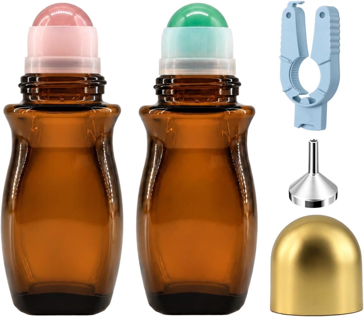 Roll-On Flesjes 50ml voor Etherische Oliën, Set van 2 Hervulbare Bruine Glazen Rollerflessen met Rozenkwarts en Aventurijn Rollerbal, UV-Bescherming voor Parfum en Huidverzorging