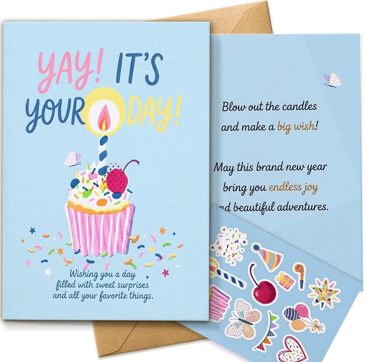 Verjaardagskaart voor vrienden en familie, schattige cupcake-wenskaart, speelse Yay, vandaag is jouw dag-design, standaard A5-formaat, dubbelzijdig bedrukt, met envelop en stickervel