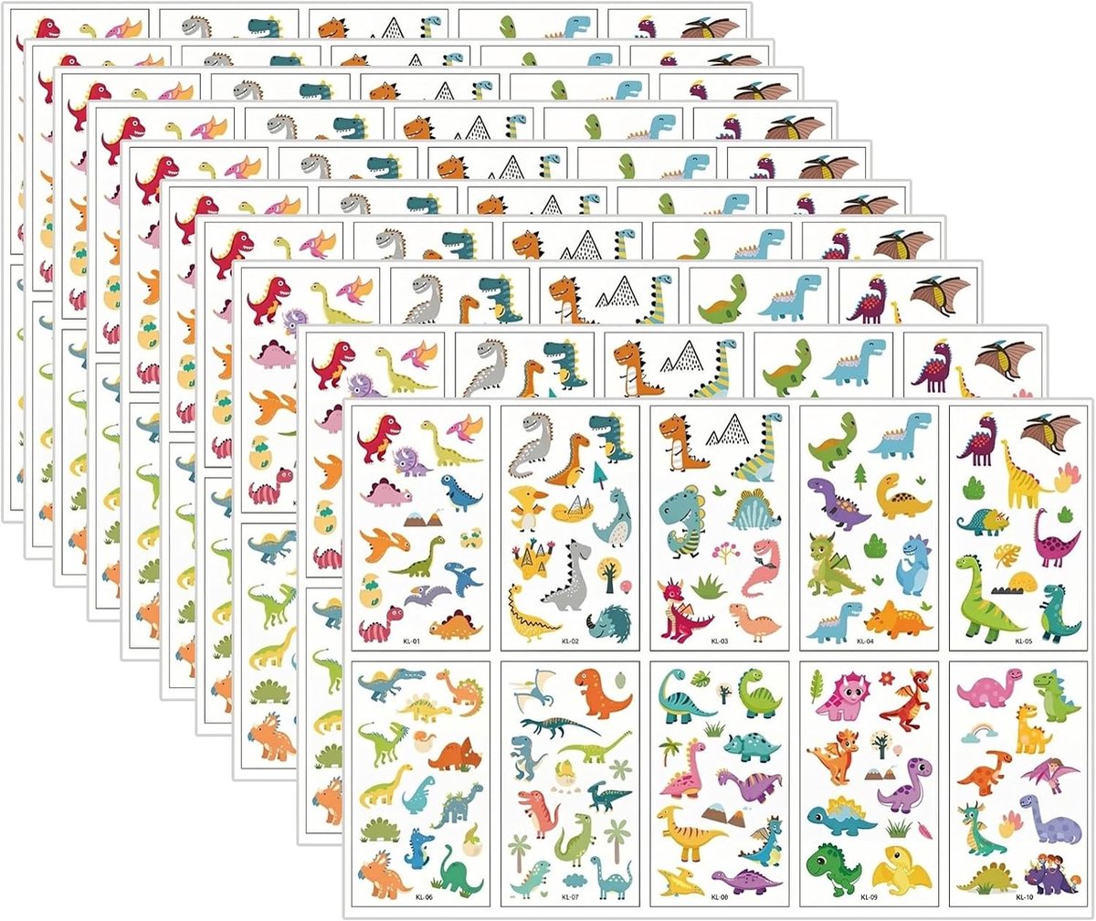 10 vellen dinosaurus-tattooset, 100+ motieven voor feestcadeautjes, waterdichte tijdelijke tatoeages voor dino-feestdecoratie