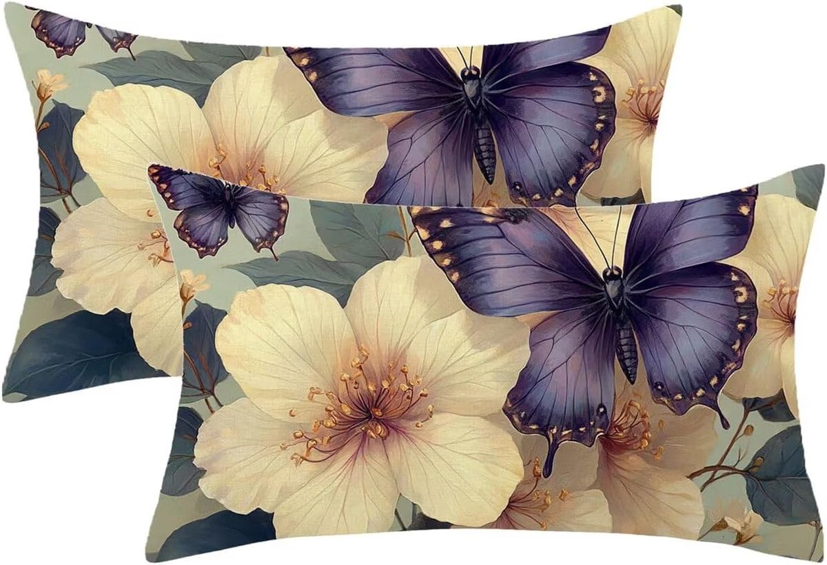 Kussenhoes voor buiten, 70 x 90 cm, bloemenkussensloop, 2 stuks, rechthoekig, fluweel, met ritssluiting, tuinbank, decoratie, vlinder, 901p