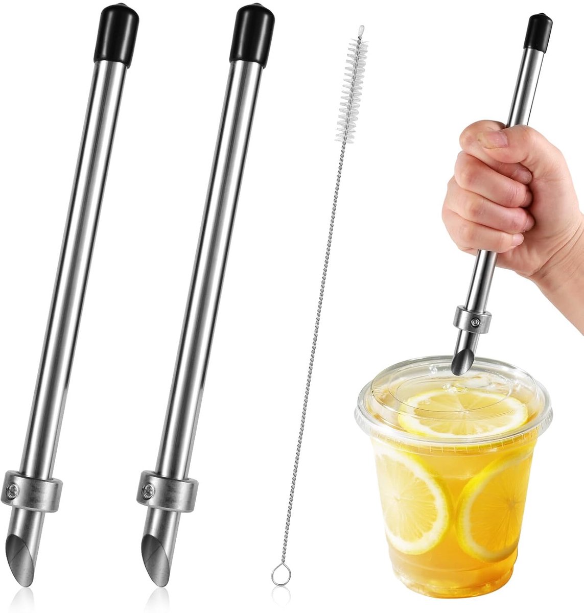 2st Rietjesperforator voor Plastic Deksels, Limonade 22cm Rietjesperforator met Reinigingsborstel Roestvrij Staal Perforator voor Bekerdeksels Gereedschap Drankjes Versgeperste Limonade