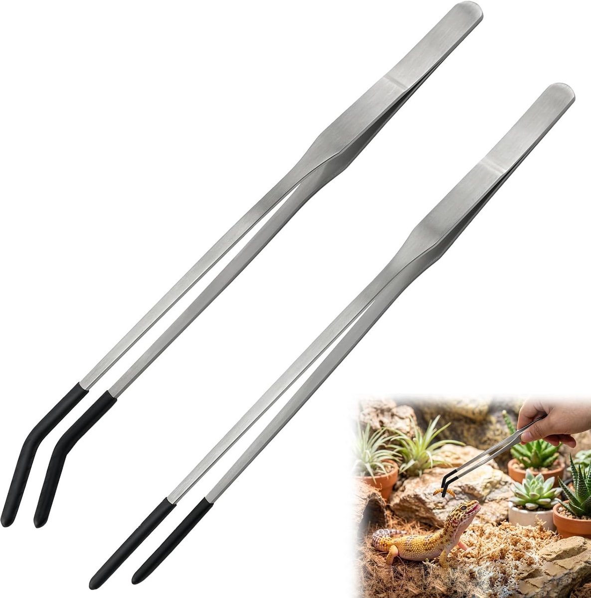 Voedingstang 27 cm, extra lange roestvrijstalen aquariumpincet met rubberen uiteinden, 2 stuks rechte en gebogen terrariumgereedschappen voor slang, hagedis, gekko