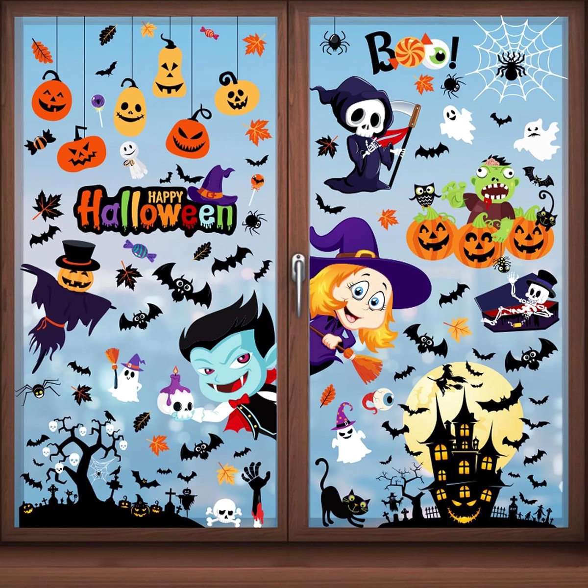 Raamstickers, herbruikbare Halloween stickerset Halloween party decoratie, 9 vellen (Halloween cartoon raamstickers)