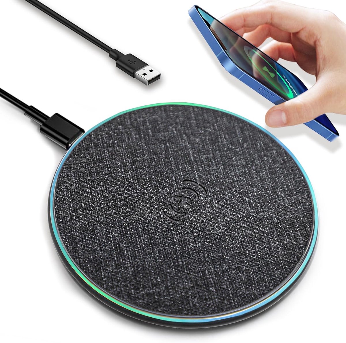 Draadloze oplader met knipperlicht, snel draadloos oplaadpad met USB-C-kabel, 15W Max compatibel met iPhone 15/14/13/12/XS AirPods, Samsung Galaxy S24/S23 HUAWEI