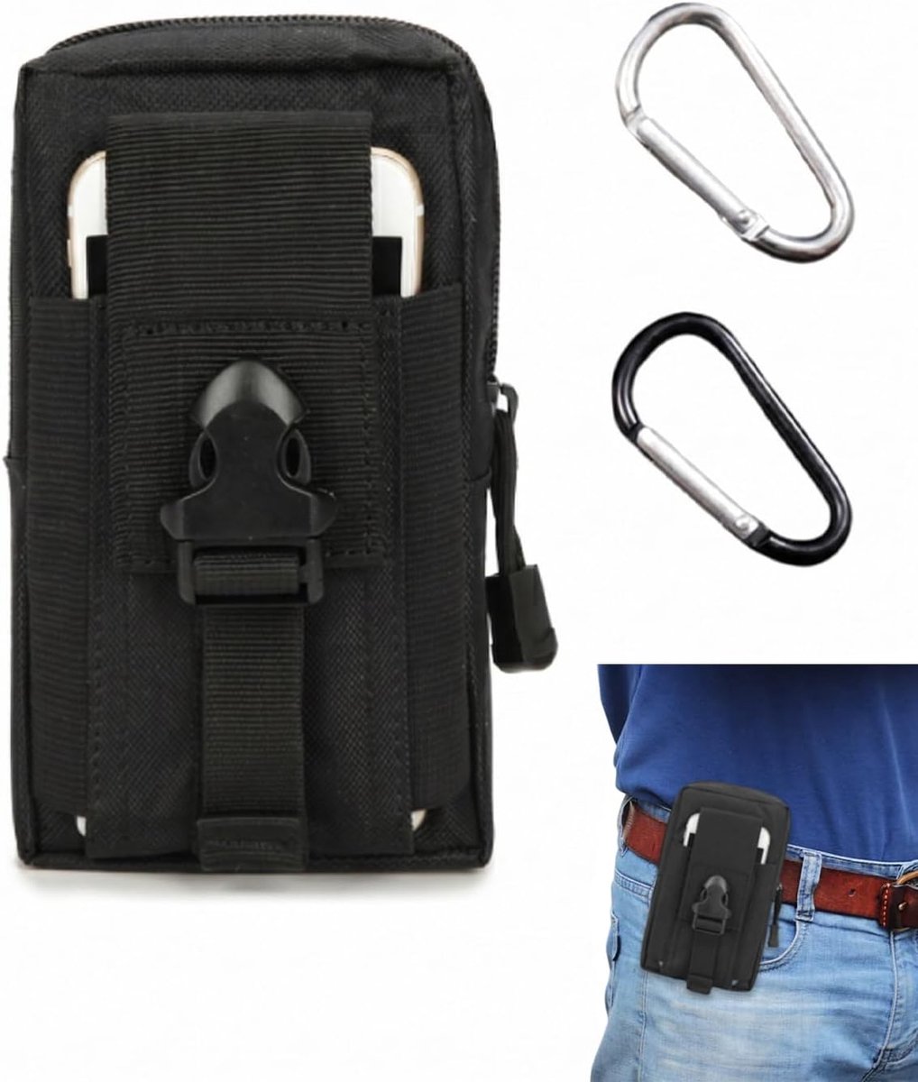 Telefoonhoes riem (mobiele telefoon riemtas & 2 D-ring), outdoor smartphone Molle tas | universele sluiting | antislip bevestiging bij wandelen en sport voor iPhone 17 16 15 14 13 Pro