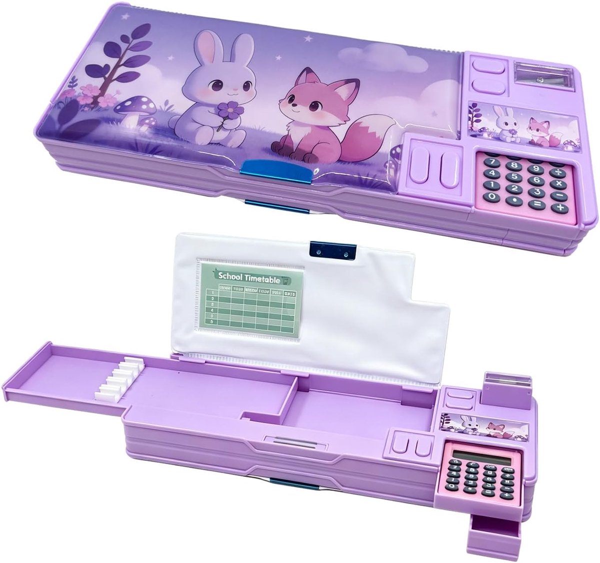 multifunctionele etui met rekenmachine, potlooddoos met puntenslijper voor meisjes en jongens, magnetische sluiting met vakken, curriculum, cadeau voor kinderen en tieners, paars