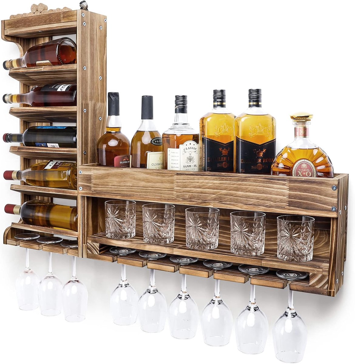 Wijnrek Pallet Gevlamd Hout: Wandbar met 9 Wijnglashouders