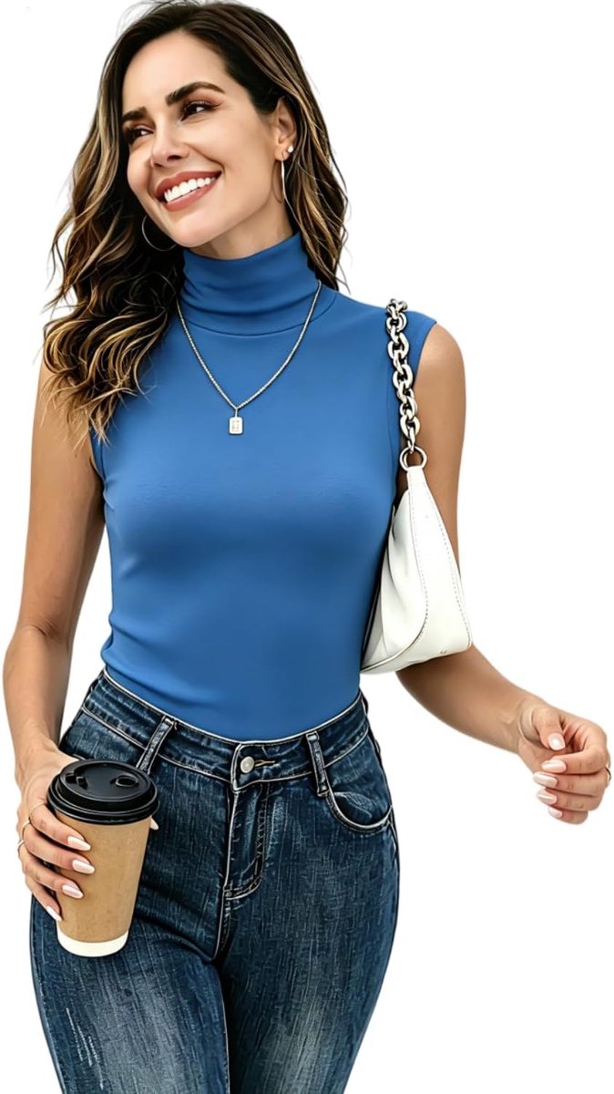 Top voor dames, elegant rolkraagshirt zonder mouwen, dun, licht, rekbaar, basic jersey vest, slim fit