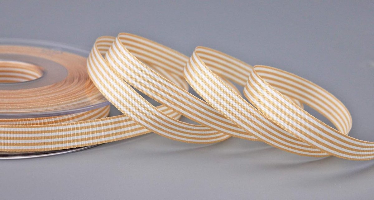 (€ 0,55/m) strepen beige 9 mm x 25 m (rol) strepen cadeaulint stoffen lint gestreept elegant geschenkverpakking verjaardag Pasen decoratie premium band kaarten