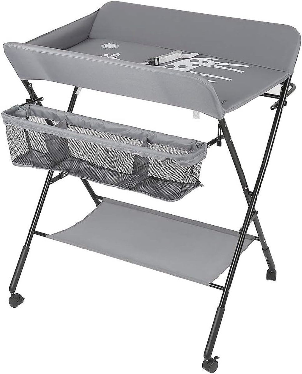 Luiertafel met opbergtas en onderlaag, luierorganizer van canvas, verzorging voor pasgeborenen, (80 x 66 x 98 cm, grijs)