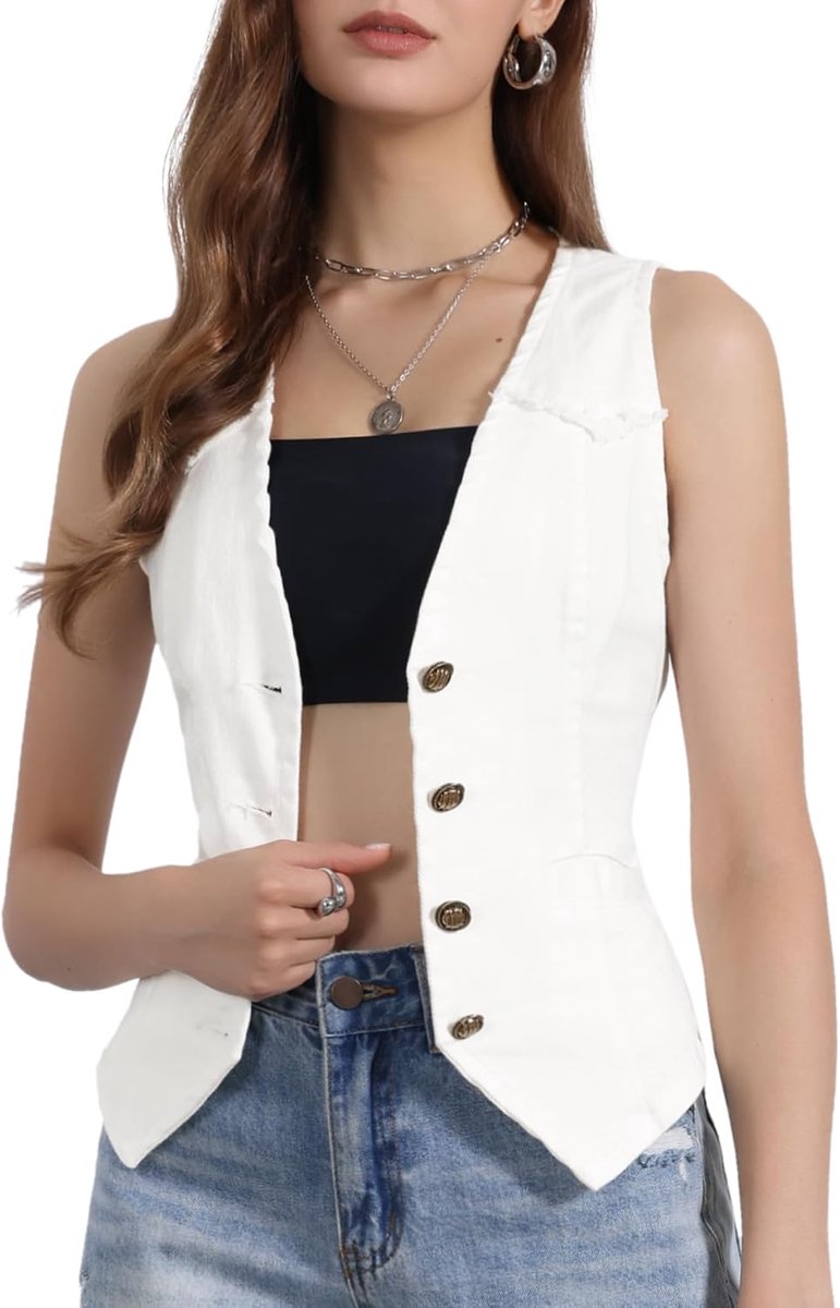K Jeansvest voor dames, mouwloos, met V-hals, jeansjack, Wit, M