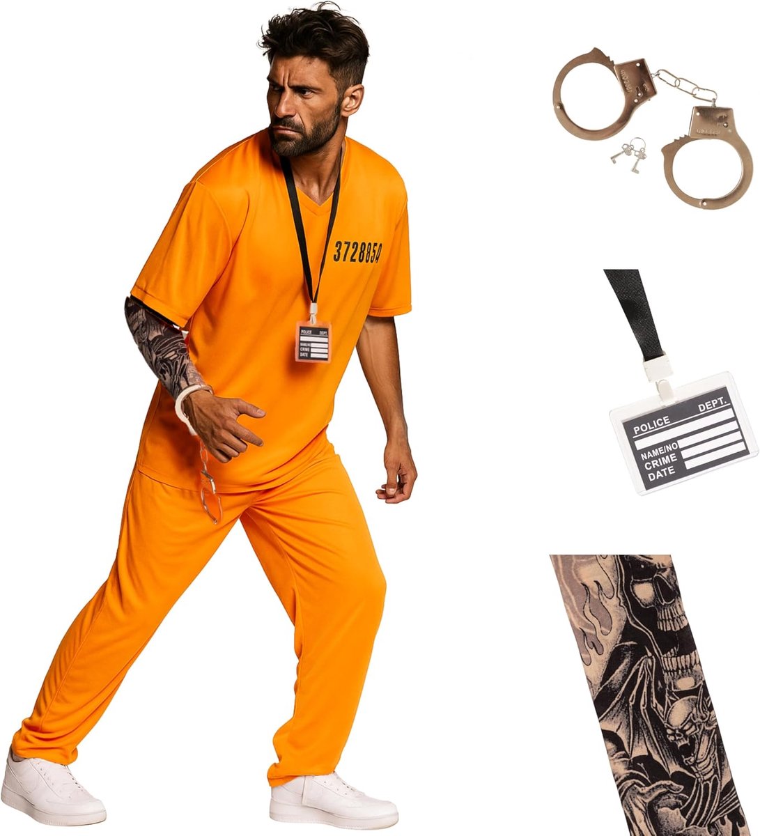 Gevangene Kostuum Heren 5-Delig Shirt, Broek, Handboeien, Tattoo Sleeve & Prisoner Badge Gevangene Kostuum Mannen Gevangeniskostuum Boefen Gevangenis Pak - Maat M t/m XL