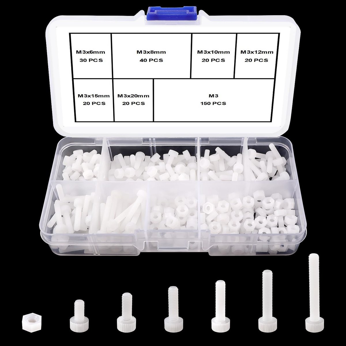 Sets 6 Maten M3 Set Nylon Kunststof Schroeven en Moeren, Nylon Binnenzeskantschroeven, Kunststof Zeskantmoeren, voor Bevestigingsmiddelen, Wit
