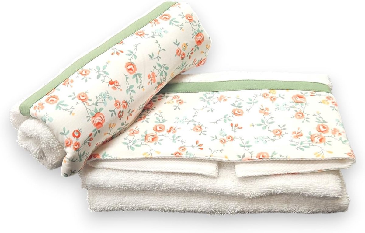 Set 2 stuks 100% katoen/Handdoeken 55x100cm en gastendoekje 40x60cm / OEKO-TEX gecertificeerd/FANTASIA ROSE Wit con bordo verde