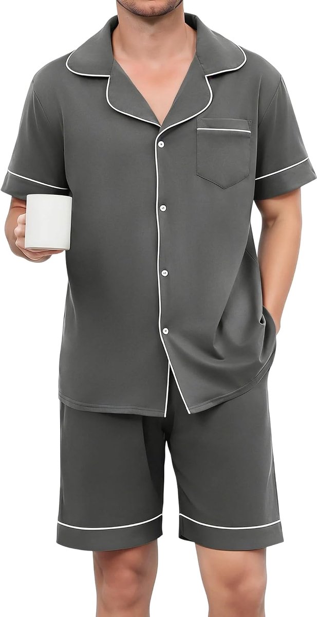 Pyjama heren katoen Korte pyjama voor heren, pyjamaset met V-hals, T-shirt en pyjamabroek, tweedelige set met knoopsluiting, loungewearset en zakken