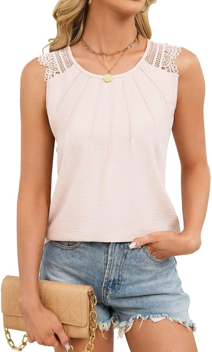 Tanktop voor dames, zomerblouse, mouwloos, kant, voorzijde, plooien, hemdblouse, chiffon