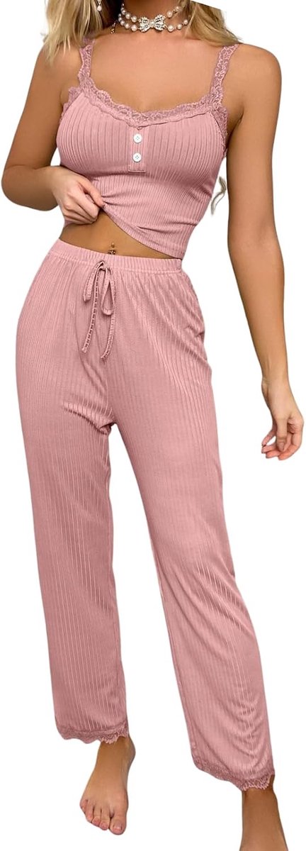 2-delige pyjamaset voor dames, kanten pyjama, buikvrij, cami-top, lange broek, V-hals, nachtkleding, elegant, mouwloos, prikkelend, zacht, loungewear, comfortabel, negligé, elastisch