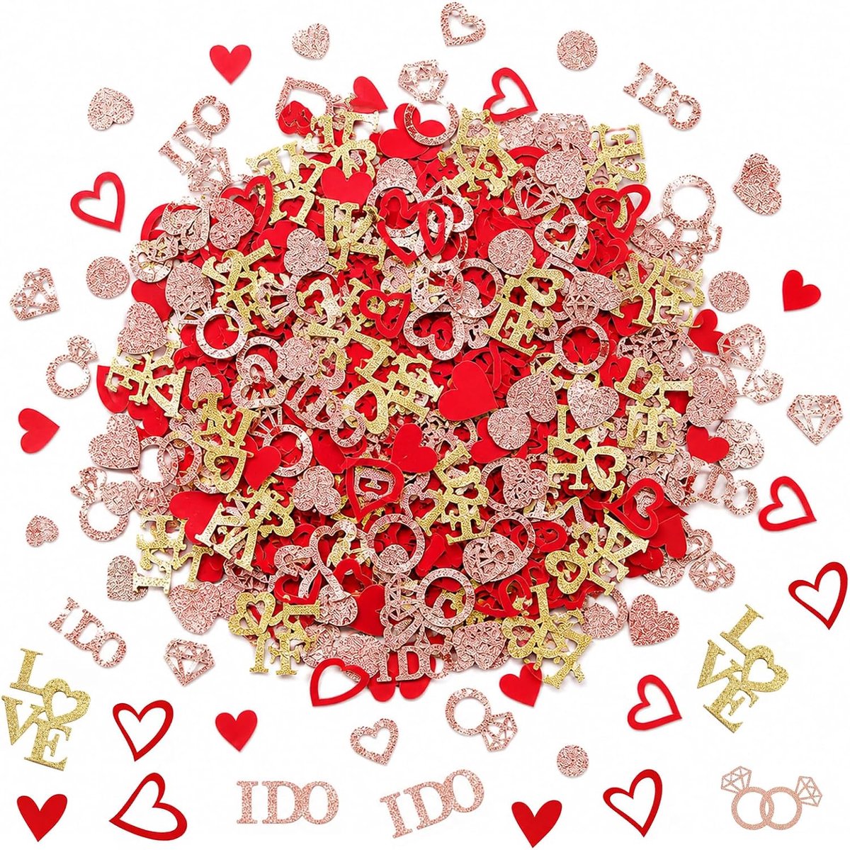 Bruiloft, set van 200 stuks, confetti en huwelijksaanzoek, vrijgezellenfeest, vrijgezellenfeest, huwelijksaanzoek, roségoud, rood en goud