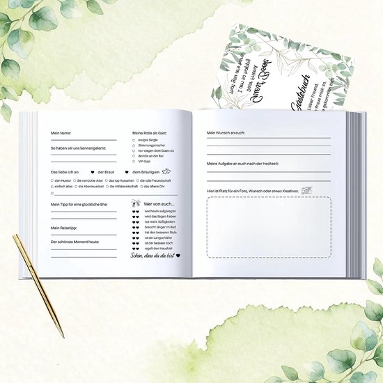 Gastenboek bruiloft met vragen om in te vullen, bruiloft gastenboek met pennen voor gastenboek bruiloft en stickers, bruiloftsgastenboek met 2 aanwijzingsborden, 72 gastenvermeldingen, elegante — afbeelding 4