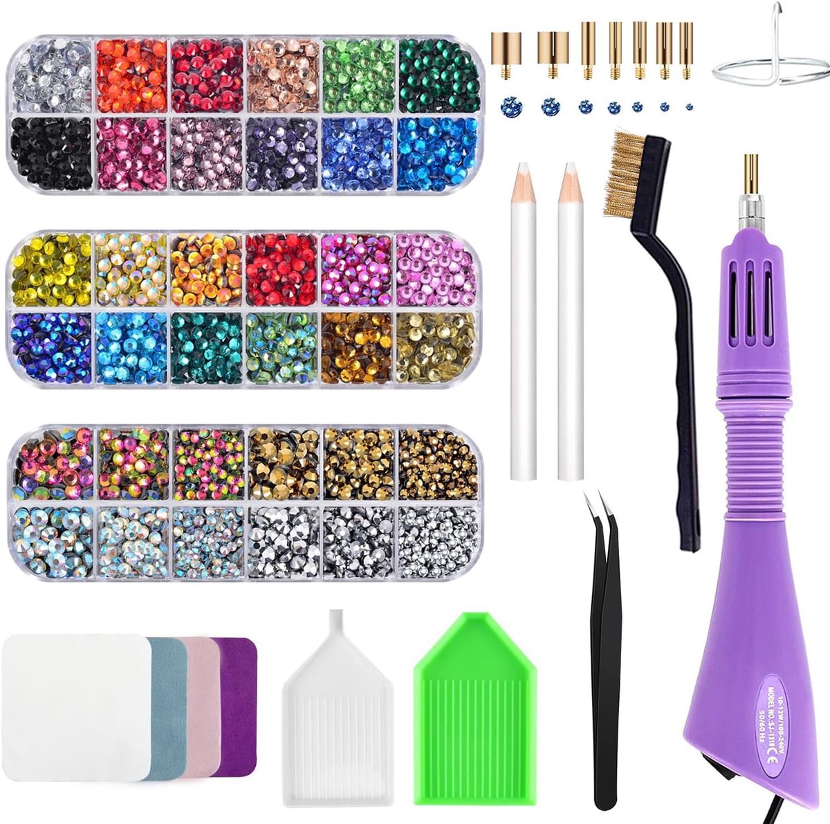 Kit met strass, hot fixed edelsteen, handwerk, applicator voor diamantschilderen, waxstift, pincet, dienblad, reinigingsborstel, doek, 28 kleuren strasskristallen voor doe-het-zelf kleding