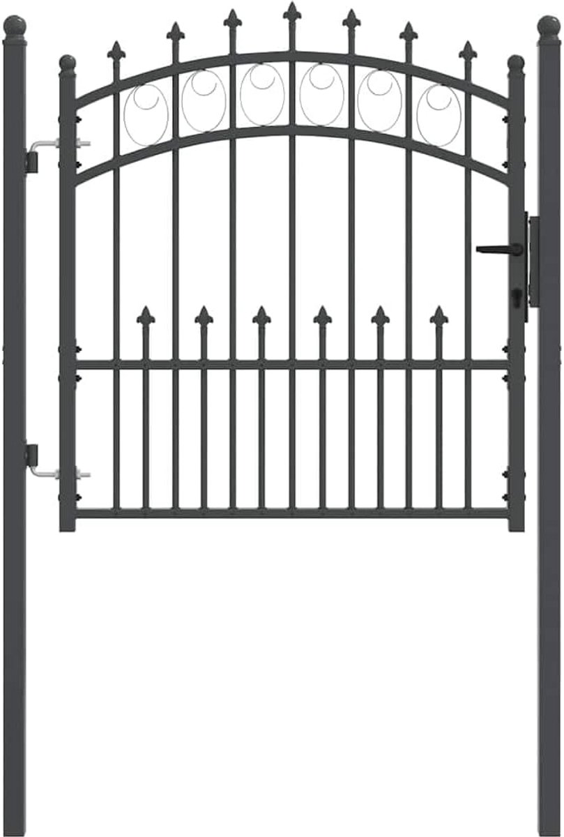 Hekpoort met punten, gepoedercoat staal, 100 x 100 cm, in grijs, voor tuin en terras, inclusief twee palen, scharnieren en drie sleutels