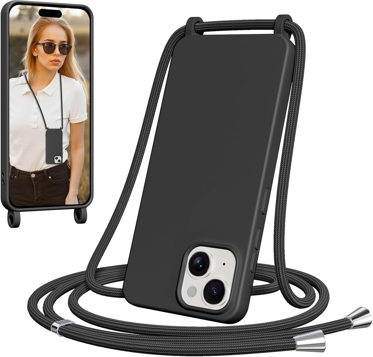Telefoonhoesje met koord voor iPhone 13/14, zachte TPU-siliconen ketting, verstelbaar koord, schokbestendig, zwart