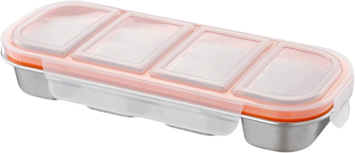 Snackhouder van roestvrij staal met 4 vakken, snackbox roestvrij staal met vakken en kunststof deksel, roestvrij stalen snackbox, lekvrij, deksel, voor werk, school, picknick, reizen