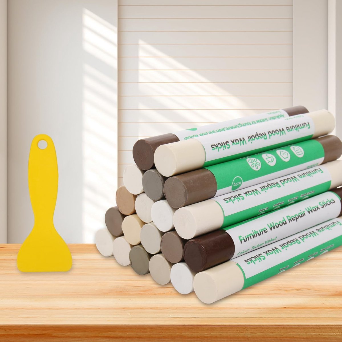 Houten meubelreparatieset, 20 kleuren, hardwas, reparatieset voor laminaat voor het repareren van krassen, schrammen, scheuren op meubels, vloeren, kasten, tafels en deuren, houtfineerserie