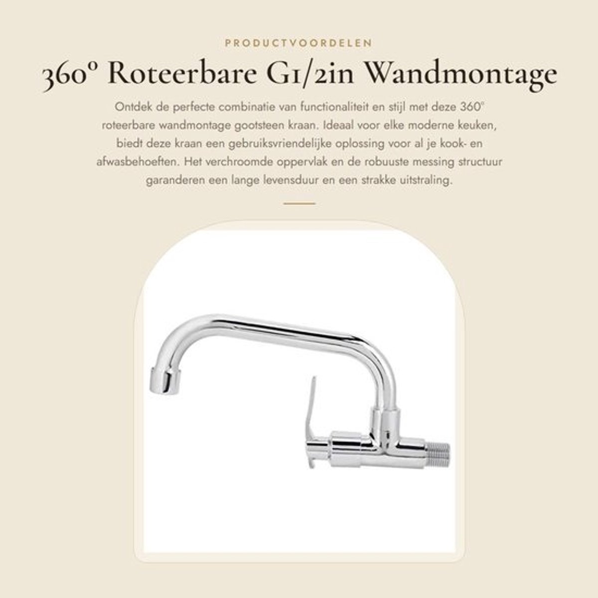 Dailygoody - 360° Roteerbare G1/2in Wandmontage Gootsteen Kraan - Enkelgreeps Koudwaterkraan - Zilver - Ergonomisch Design - Geschikt voor Keuken - 25cm