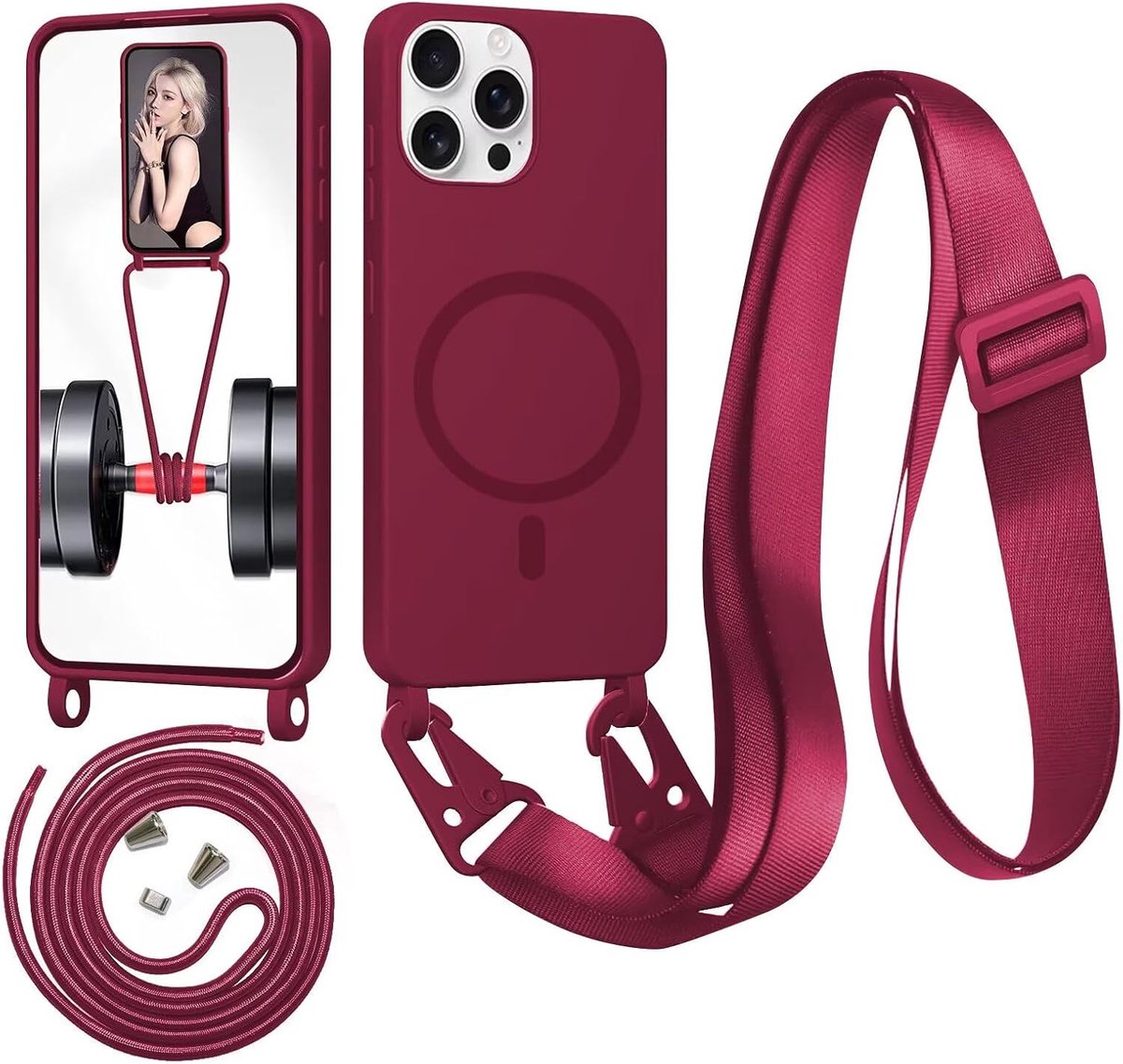 Hoes met koord voor iPhone 15 Pro, magnetische vloeibare siliconen telefoonhoes voor iPhone 15 Pro met verstelbare hanger, halsketting met koord, case, rood