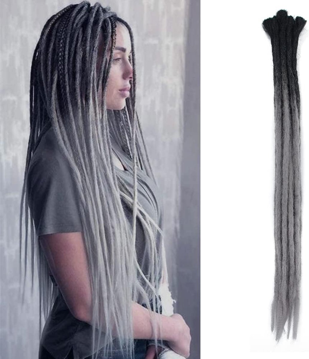 Extensions, 61 cm, handgemaakte synthetische dreads 10 strengen per pak dreads gevlochten haar (ombre zwart tot grijs)