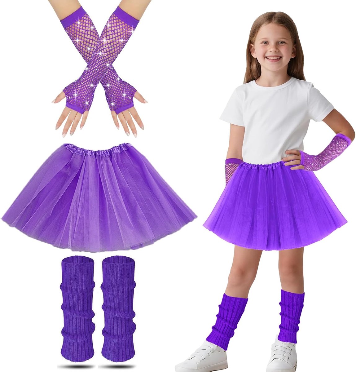 Kostuum jaren '80 voor kinderen, fantasiejurk voor kinderen, met beenbestuurders, rok, visnethandschoenen, neonjurk, fantasiejurk, kostuumaccessoires, themafeestset