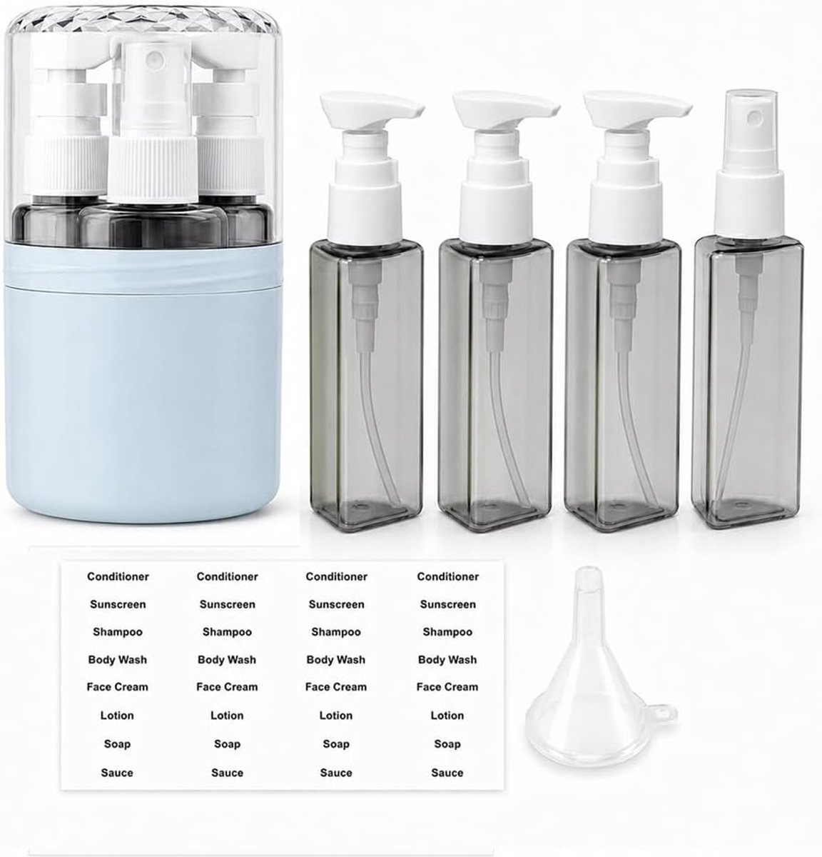 4-in-1 reisdispenser met 4 flessen van elk 50 ml blauw