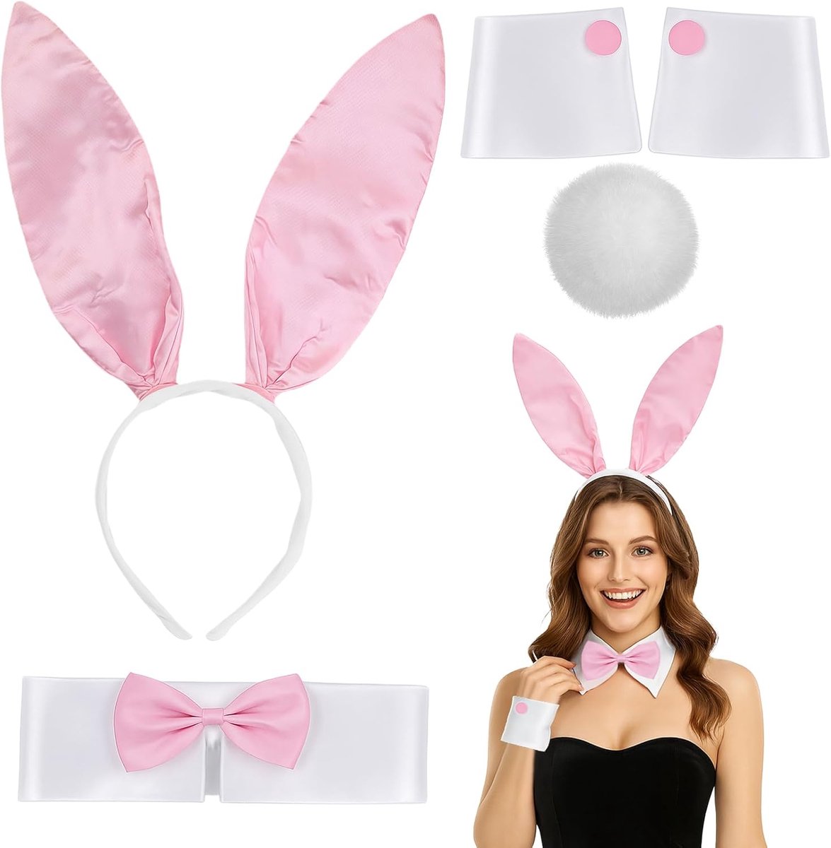 Konijnenoorband, vlinderdas, handschoenen, manchetten, staart, set konijnen, Halloween, Kerstmis, Pasen, Kerstmis, cosplay, feesten