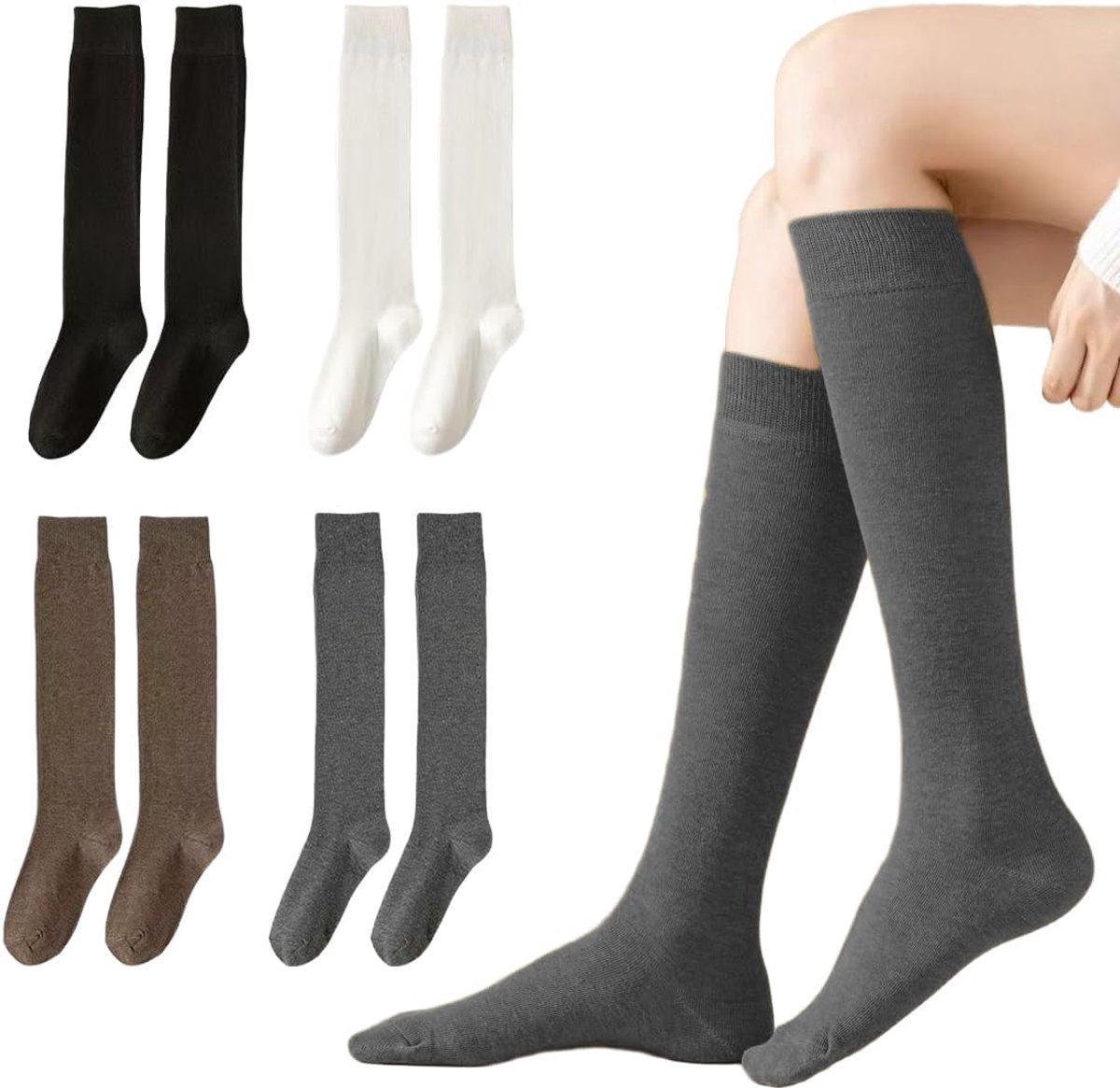 Kniekousen voor dames, 4 paar, katoenen kniekousen, lange sokken voor dames, rijsokken, klassieke kousen, wit/grijs/bruine kousen, voor dagelijks gebruik, herfst, winter