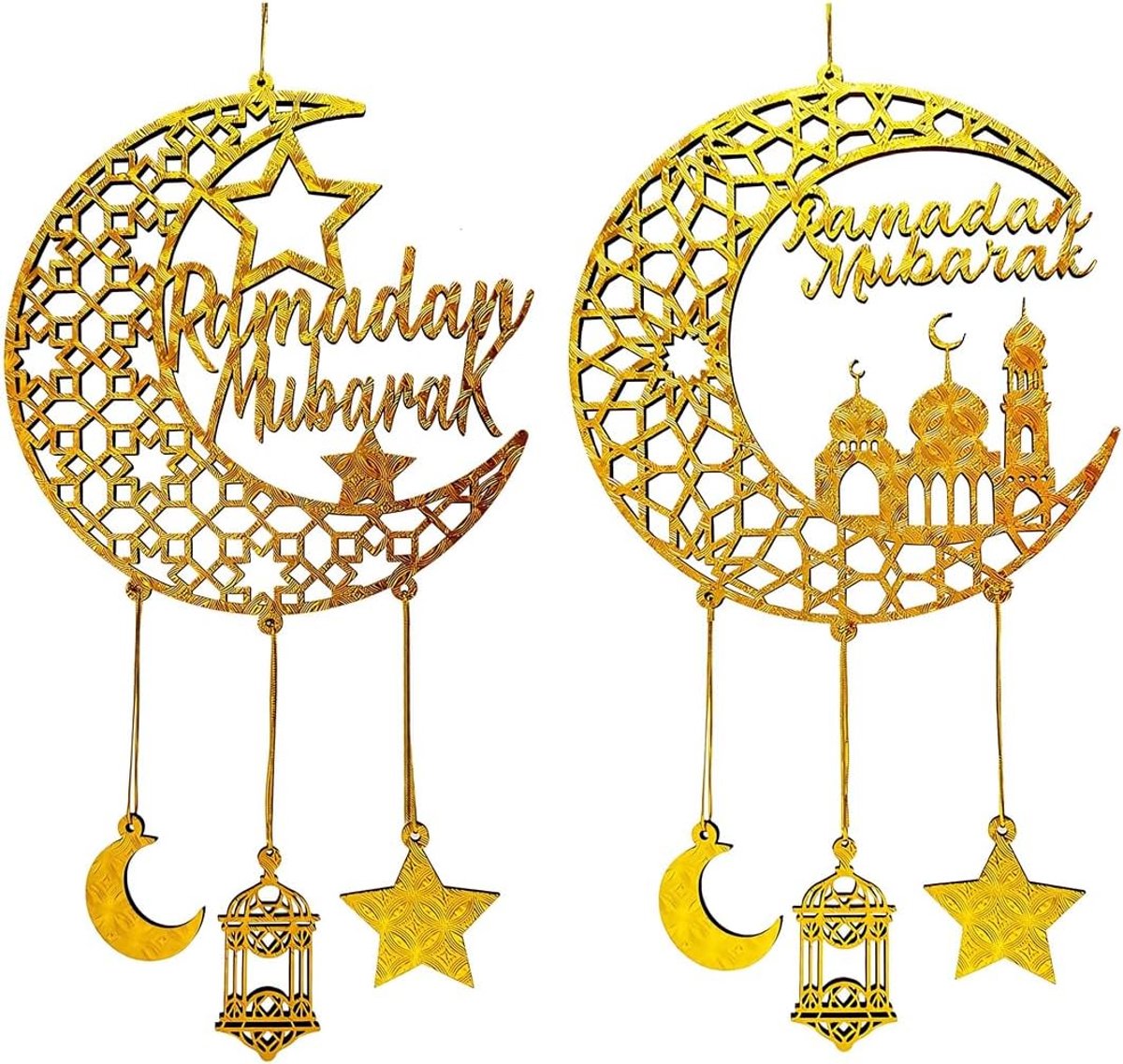 2 stuks deurbordjes Eid Mubarak Ramadan Kareem ornament holle maan en sterren islamitische decoratie maan feest wandhaken hout moslims