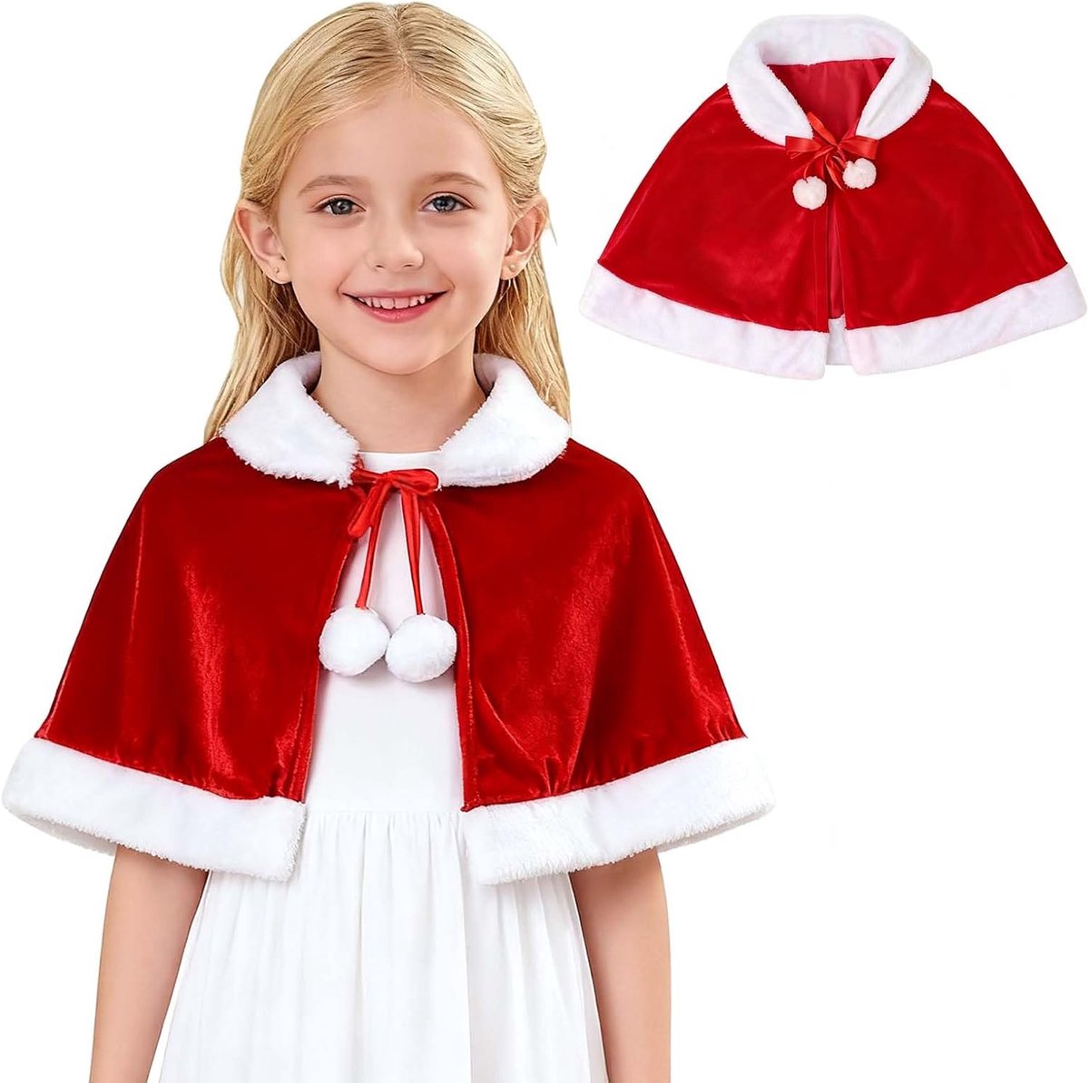 Kerstmancape voor meisjes, poncho, korte kerstman, kerstman, rode fluwelen kerstjas, cape-jurk, roodkapje, kerstvrouwkostuum voor meisjes