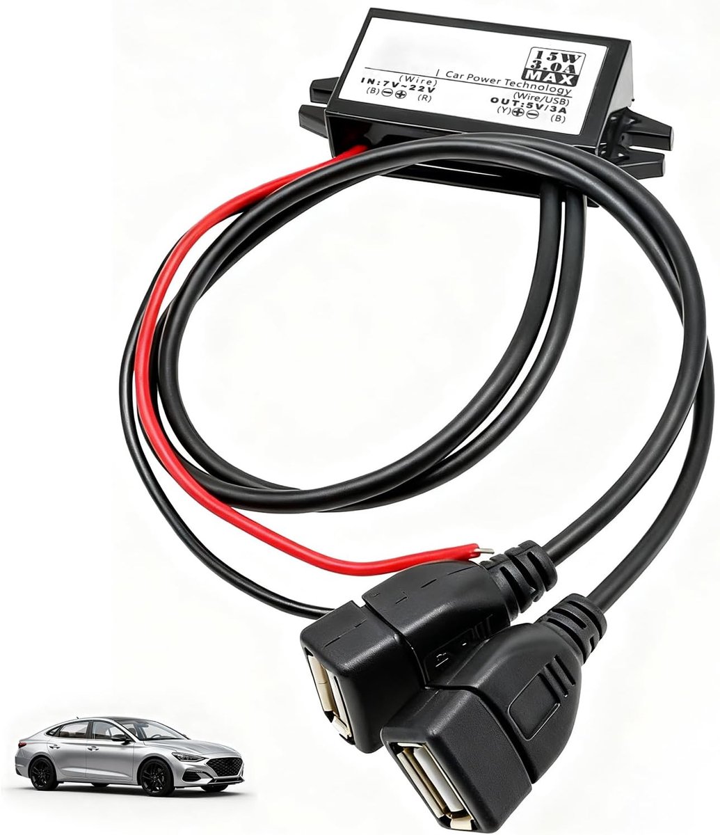 12 V naar 5 V, USB, 12 V naar 5 V USB-adapter, DC-DC 3 A, 15 W, step-down converter met 2 aansluitingen, spanningsregelaar, neerwaartse converter voor auto, vrachtwagen, boot
