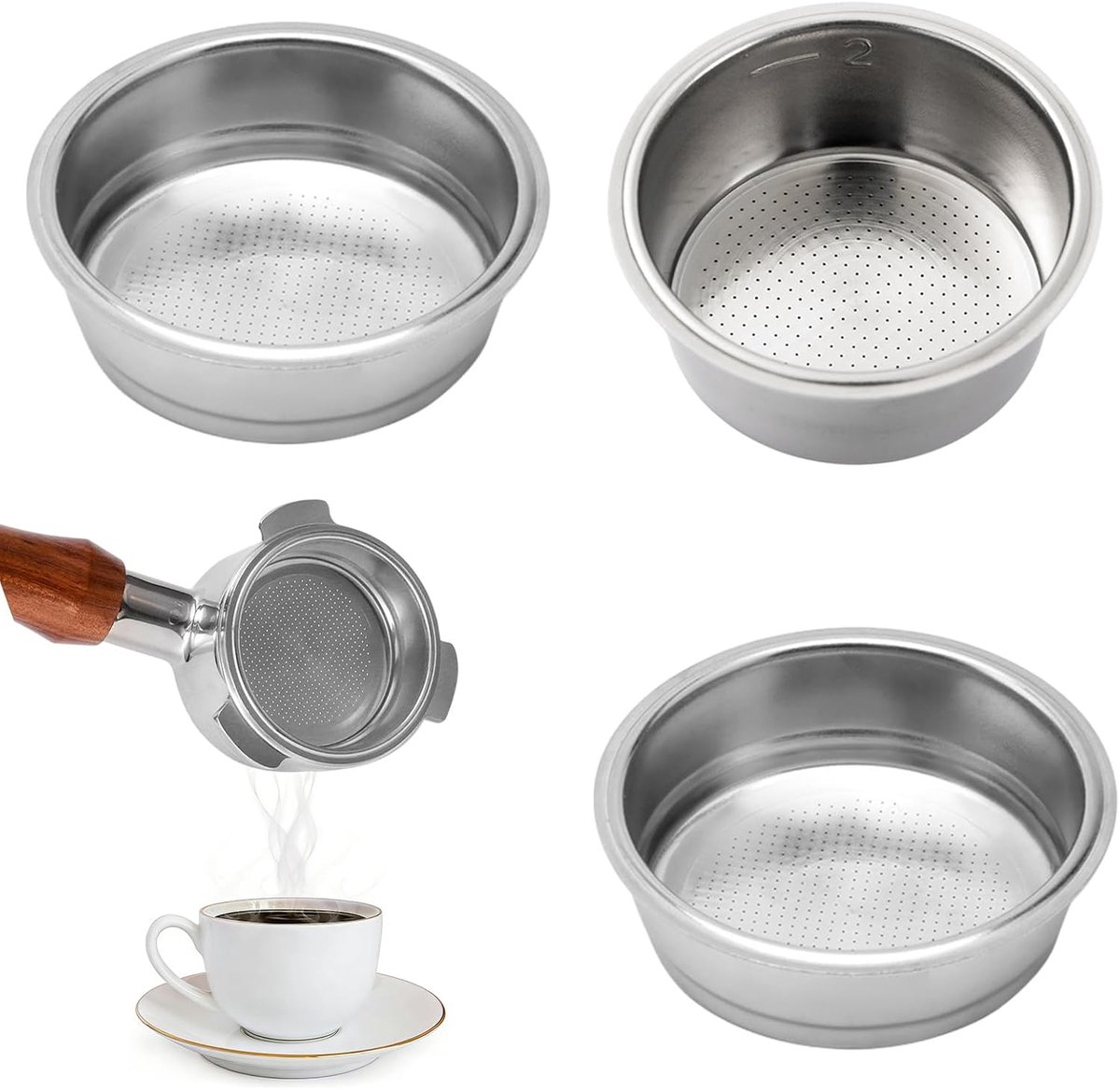 3-delige filterset 1 + 2 filterkopjes 2 kopjes voor koffiezetapparaat, filtermand, opening 0,3 mm, roestvrij staal, herbruikbare filtermand, compatibel met DeLonghi de specialist