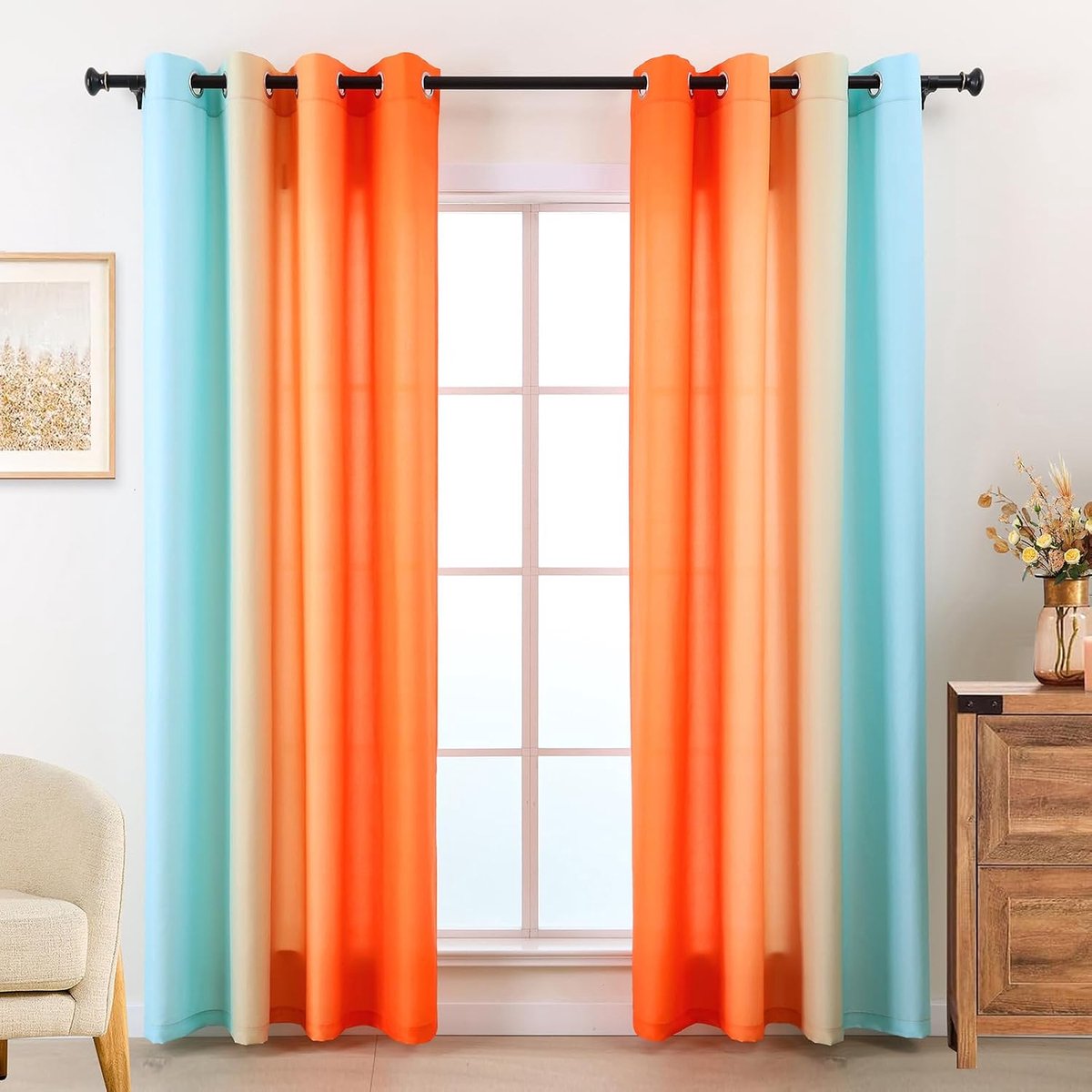 Cortinas Azul Naranja, set van 2 cortina's, 225 cm van Largo, translúcidas Con Privacidad, Para Sala en Dormitorio Infantil, Microvezel, Translúcido kleurverloop